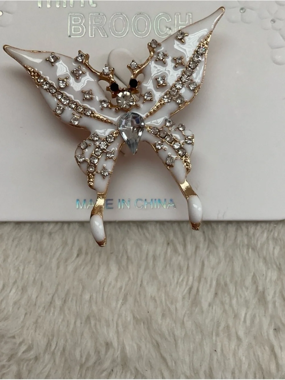 Mint White and Gold Butterfly Brooch with Clear Rhinestones